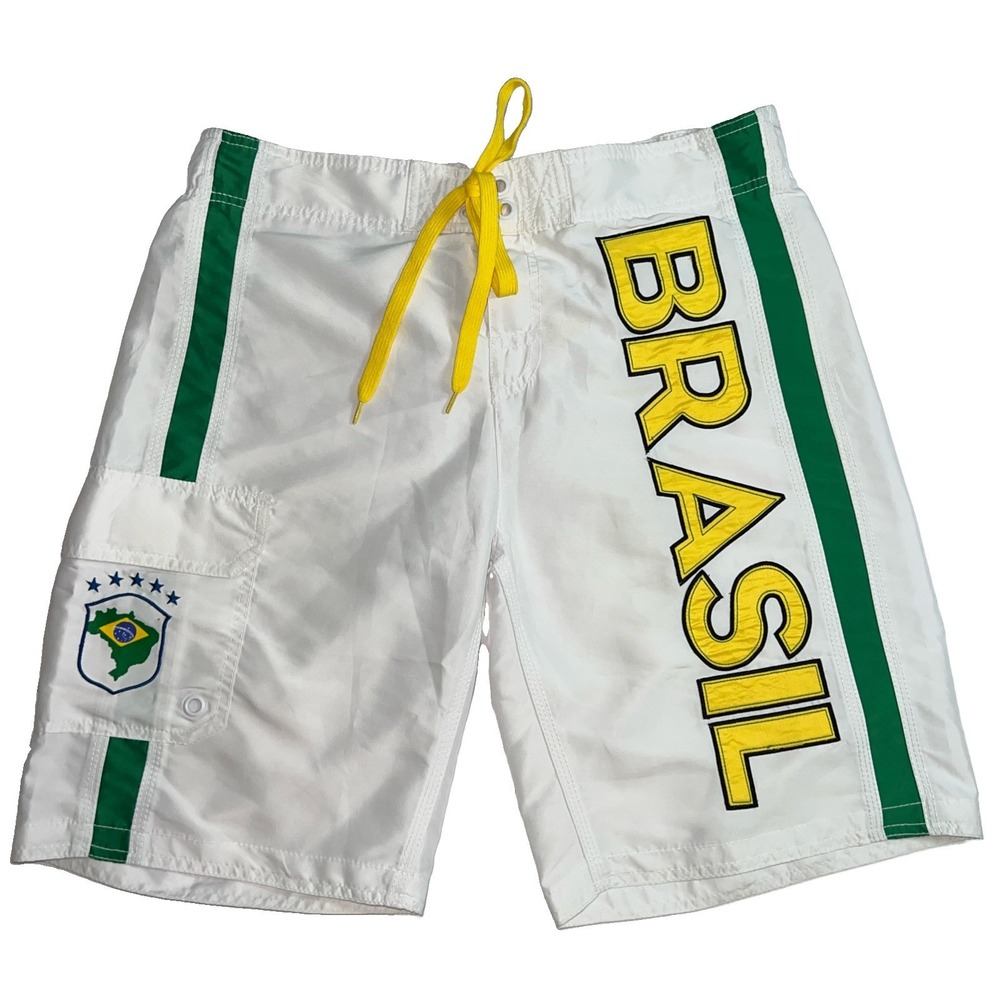Brasil Men's Swim Trunks Size 38 White/Yellow/Green Pocket, Logo